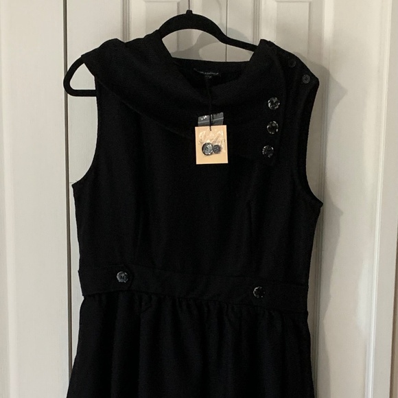 NWT Unique Vintage/Smak Parlour XL/14 Black Tweed Funnel Neck Fit & Flare Dress - Picture 5 of 7